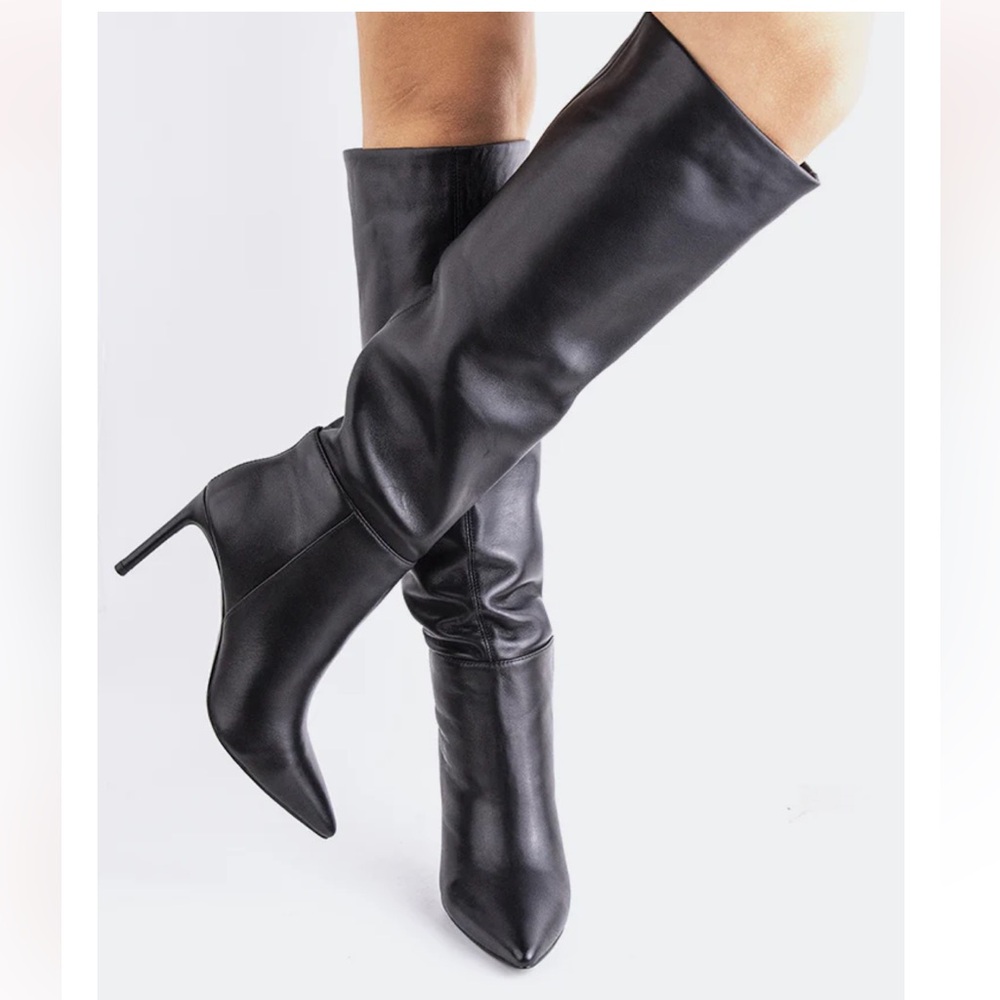 L’INTERVALLE Allister Black Leather Women's Knee-High Stiletto Boots | 9 - Picture 2 of 7